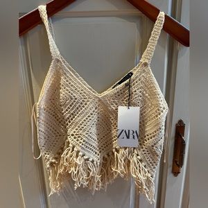 Zara Crochet/Knit Tank Top in Cream w/ Fringe Detailing NWT Size S